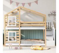 Flieks Lit superposé 90x200cm Lit d'enfant avec escalier, lit surélevé avec protection antichute, lit de maison en bois massif avec sommier à lattes pour 2 enfants
