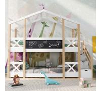 Flieks Lit superposé 90x200cm Lit d'enfant avec planche, lit loft avec protection contre les chutes, lit maison avec tiroirs, lit en bois massif avec sommier à lattes pour 2 enfants