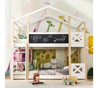 Flieks Lit superposé 90x200cm Lit d'enfant avec sommier à lattes et tableau, lit de maison avec échelle, lit surélevé avec protection antichute en bois massif pour 2 enfants