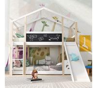 Flieks Lit superposé 90x200cm Lit d'enfant avec toboggan et tableau, lit superposé avec protection contre les chutes, lit de maison avec échelle, bois massif avec sommier à lattes pour 2 enfants
