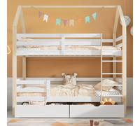 Flieks Lit superposé 90x200cm pour 2 enfants, lit surélevé avec protection contre les chutes, lit de maison lit superposé lit d'enfant avec tiroirs et échelle