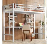 Flieks Lit superposé avec bureau, étagères & tablette clavier, lit superposé 90x200cm avec protection antichute, lit métallique avec sommier à lattes & échelle, blanc