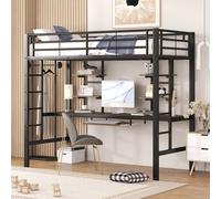 Flieks Lit superposé avec bureau, étagères & tablette clavier, lit superposé 90x200cm avec protection antichute, lit métallique avec sommier à lattes & échelle, noir