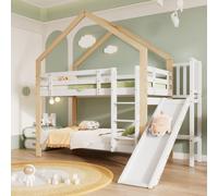 Flieks Lit superposé avec protection contre les chutes, lit d'enfant avec toboggan et échelle, lit surélevé avec sommier à lattes, lit de maison en bois massif Lit superposé 90x200cm, blanc