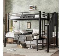 Flieks Lit superposé en métal 90x200cm / 120x200cm avec protection contre les chutes, lit surélevé avec escalier, lit d'enfant double lit simple pour 2-3 enfants, noir
