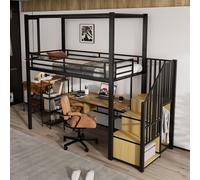 Flieks Lit superposé en métal 90x200cm avec tringle à vêtements et compartiment de rangement, lit d'enfant surélevé avec escalier, lit d'adolescent simple avec fenêtre, noir