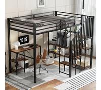 Flieks Lit superposé métallique 120x200cm avec bureau, lit surélevé avec tringle à vêtements et étagère, lit d'enfant lit d'adolescent avec sommier à lattes, lit superposé noir