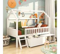 Flieks Lit surélevé d'enfant Lit de maison 90x200cm avec tiroir et compartiments de rangement, lit d'enfant avec sommier à lattes et protection contre les chutes, en pin, sans matelas, blanc