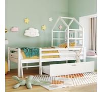 Flieks Lit surélevé Lit de maison avec protection contre la chute et échelle, Lit d'enfant simple 90x200cm avec sommier à lattes et tiroir, Blanc