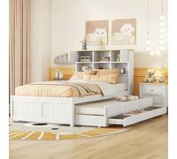 Flieks Lits classiques 90x200cm avec lit gigogne, lit de jeune avec tiroirs, lit de rangement avec sommier à lattes, lit simple en bois lit d'invité, blanc