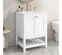 Flieks Meuble sous-vasque avec lavabo en céramique, 61x46x90 cm, lavabo simple avec compartiments ouverts, meubles de salle de bains sobres, blanc