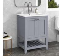 Flieks Meuble sous-vasque avec lavabo en céramique, 61x46x90 cm, lavabo simple avec compartiments ouverts, meubles de salle de bain sobres, gris