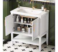 Flieks Meuble sous-vasque avec lavabo en céramique, 80x47x89 cm, lavabo simple avec compartiments ouverts, meubles de salle de bains sobres, blanc