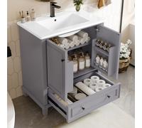 Flieks Meuble vasque avec étagères de porte et tiroirs, meuble sous-vasque avec lavabo en céramique, 76x46x87 cm, gris