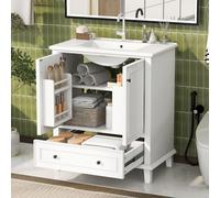 Flieks Meuble vasque avec étagères de porte et tiroirs, meuble sous-vasque avec lavabo en céramique, 76x46x87 cm, blanc