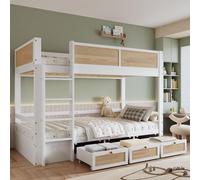 Flieks Rattan Lit superposé 90x200cm avec 3 tiroirs, Lit d'enfant surélevé avec protection antichute & sommier à lattes, Lit superposé en bois Lit simple 2 enfants, Blanc