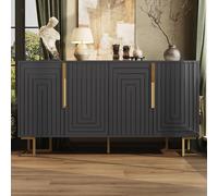 Flieks Sideboard 152x40x75 cm, commode avec 4 portes, armoire buffet avec poignées et pieds dorés, armoire colonne design géométrique, noir