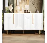 Flieks Sideboard 152x40x75 cm, commode avec 4 portes, armoire buffet avec poignées et pieds dorés, armoire colonne design géométrique, blanc