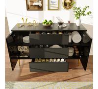 Flieks Sideboard avec 3 tiroirs et 2 portes, buffet avec beaucoup d'espace de rangement, commode moderne simple avec ornementation dorée, noir