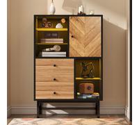 Flieks Sideboard avec bande lumineuse LED, buffet avec étagères en verre, armoire de cuisine avec tiroirs, commode de style industriel, noir couleur bois