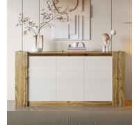 Flieks Sideboard avec LED, armoire en blanc brillant et bois, buffet en design sans poignées, armoire de salon avec 3 portes, blanc + couleur bois