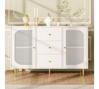 Flieks Sideboard Commode avec porte en rotin PE, armoire de salon 120x40x90 cm, armoire de cuisine avec 3 tiroirs, armoire haute TV Table, blanc