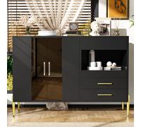 Flieks Sideboard moderne avec porte en verre, commode avec plateau coulissant, armoire de cuisine 120x39.5x84 cm, armoire haute TV Table, noir