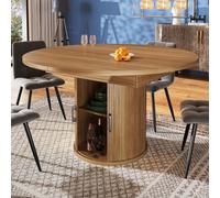 Flieks table à manger ronde extensible à ovale, table télescopique 118-158x118x76.8 cm, table de cuisine avec espace de rangement et portes coulissantes, grande table ronde couleur bois
