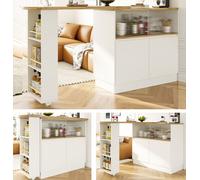 Flieks Table de bar à manger pivotant à 360°, table de cuisine à rallonges, bar à café avec armoire, table haute Sideboard avec porte coulissante en verre, blanc