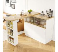 Flieks Table de bar à manger pivotant à 360°, table de cuisine à rallonges, bar à café avec armoire, table haute Sideboard avec porte coulissante en verre, blanc