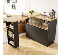 Flieks Table de bar à manger pivotant à 360°, table de cuisine à rallonges, bar à café avec armoire, table haute Sideboard avec porte coulissante en verre, noir