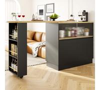 Flieks Table de bar à manger pivotant à 360°, table de cuisine à rallonges, bar à café avec armoire, table haute Sideboard avec porte coulissante en verre, noir