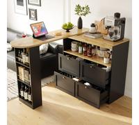 Flieks Table de bar pivotant à 360 degrés, table de cuisine salle à manger avec armoire, table haute avec étagère, tiroirs et compartiment de rangement ouvert, noir