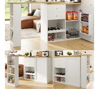 Flieks Table de bar pivotant à 360 degrés, table de cuisine salle à manger avec armoire, table haute avec étagère, casier à vin et tiroirs, blanc