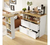Flieks Table de bar pivotant à 360 degrés, table de cuisine salle à manger avec armoire, table haute avec étagère, tiroirs et compartiment de rangement ouvert, blanc