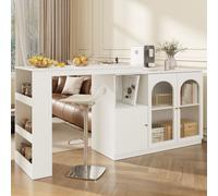 Flieks Table de bar pivotant à 360°, table haute avec sideboard, table de cuisine extensible, bar à café avec armoire, sideboard avec porte vitrée, blanc