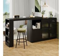 Flieks Table de bar pivotant à 360°, table haute avec sideboard, table de cuisine extensible, bar à café avec armoire, sideboard avec porte vitrée, noir
