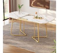 Flieks Table de cuisine extensible, Table ovale avec effet marbre, Table de salle à manger Table de travail extensible, 140-180x80x75cm, Blanc Or