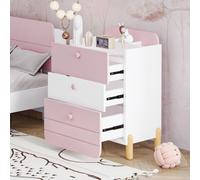 Flieks table de nuit table de nuit avec étagères et 3 tiroirs, commode de nuit commode à tiroirs avec pieds en bois, rose