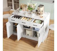 Flieks Table de repas îlot de cuisine Chariot de service à l'aspect marbré, armoire de cuisine buffet avec placard et étagères réglables, blanc