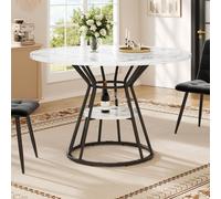 Flieks Table de repas ronde avec plateau imitation marbre, table de cuisine salle à manger avec tablette et pieds en métal, 100x100x76cm, noir