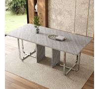 Flieks Table de salle à manger rectangulaire, table de travail avec pieds métalliques, table pour 6 personnes, table de cuisine moderne simple, gris + argenté