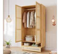 Flieks Vestiaire rotin 2 portes Armoire avec tiroir, Armoires penderie avec tringle, Armoire avec couvercle flip-top, Naturel