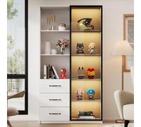 Flieks Vitrine en verre 80x40x160 cm, armoire multifonctionnelle avec éclairage et tiroirs, bibliothèque avec portes en verre dur, LED multicolores, blanc