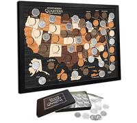 flinelife Carte de la collection de quartier d'État en bois, 40,6 x 30,5 cm, 50 États et 6 territoires, livré avec 60 capsules de pièces en plastique transparent pour le rangement, parfait pour les