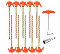 Flintronic 20,5 cm Piquets de Sol Robustes avec Filetage, Piquets de Tente à Visser, Piquet en Acier en Metal, Antirouille, avec Foret Hexagonal et Crochet en T, pour Jardin Camping Sol Dur, Orange