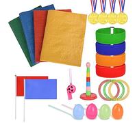 Flintronic 33Pcs 4-in-1 Ensemble de Sports Day Jeux, Course À 3 Pattes, Jeu de Lancer d'anneau, Course en Sac, Course Aux Oeufs-avec Médaille et Sifflets, Jeux Anniversaire Jeux Exterieur Enfant Kit