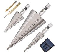 flintronic 3PCS Foret Étagé Métal, 4-12/20/32mm Fraise Triangle Conique Titane HSS, Tige Hexagone pour Acier, Bois, Laiton, Aluminium, PVC, Poinçon Central et Foret de Torsion Inclus