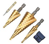 flintronic 3PCS Foret Étagé Rainuré en Spirale, 4-12/20/32mm Fraise Meche Etage Metal Acier Rapide Revêtu de Titane HSS, Poinçon Central et Foret de Torsion Inclus pour Percer dans Acier, Laiton, Bois