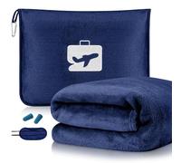 flintronic Couverture de Voyage Avion, 2 en 1 Couverture et Oreiller de Voyage Doux et Chaud, avec Masque de Sommeil et Bouchons d'oreille, Pince de Sac à Dos, pour Voiture, Bureau - Bleu Marine